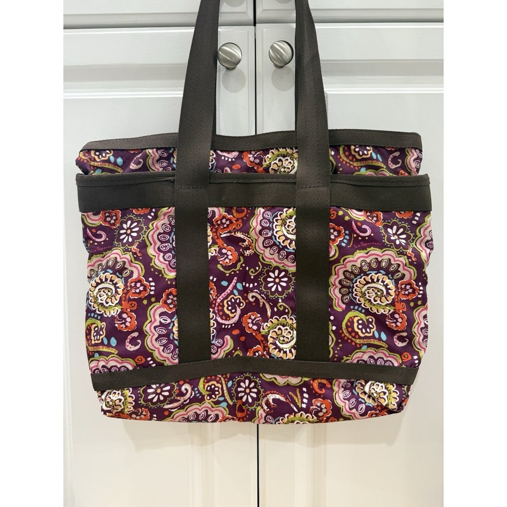 LeSportsac Tote Bag Large Travel Purse Floral Brown Red Multicolor 16"x14" - Picture 5 of 10